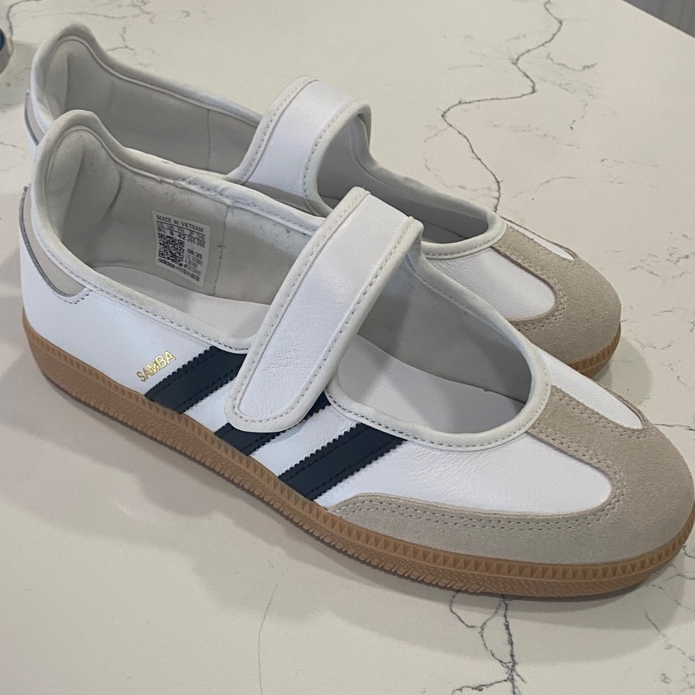 adidas Women's Mary-Jane Samba Sneakers in White, Navy & Beige